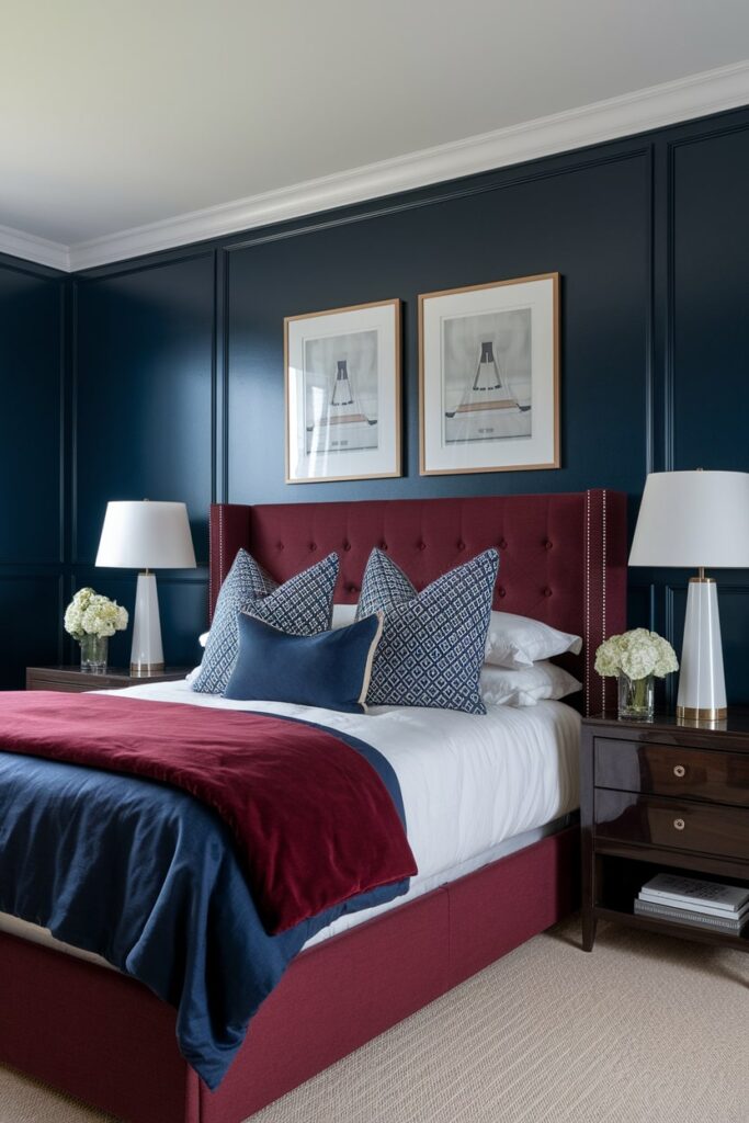 bedroom with navy walls and pillows, burgundy red bed and throw blanket