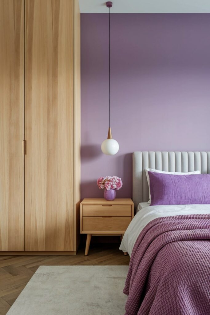 bedroom with purple and wood combination