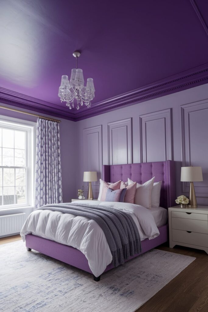 bedroom with purple ceiling