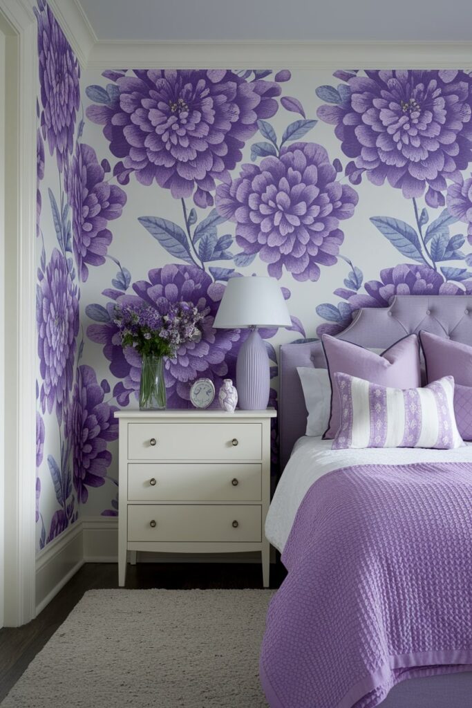 bedroom with purple floral wallpaper, purple bedding