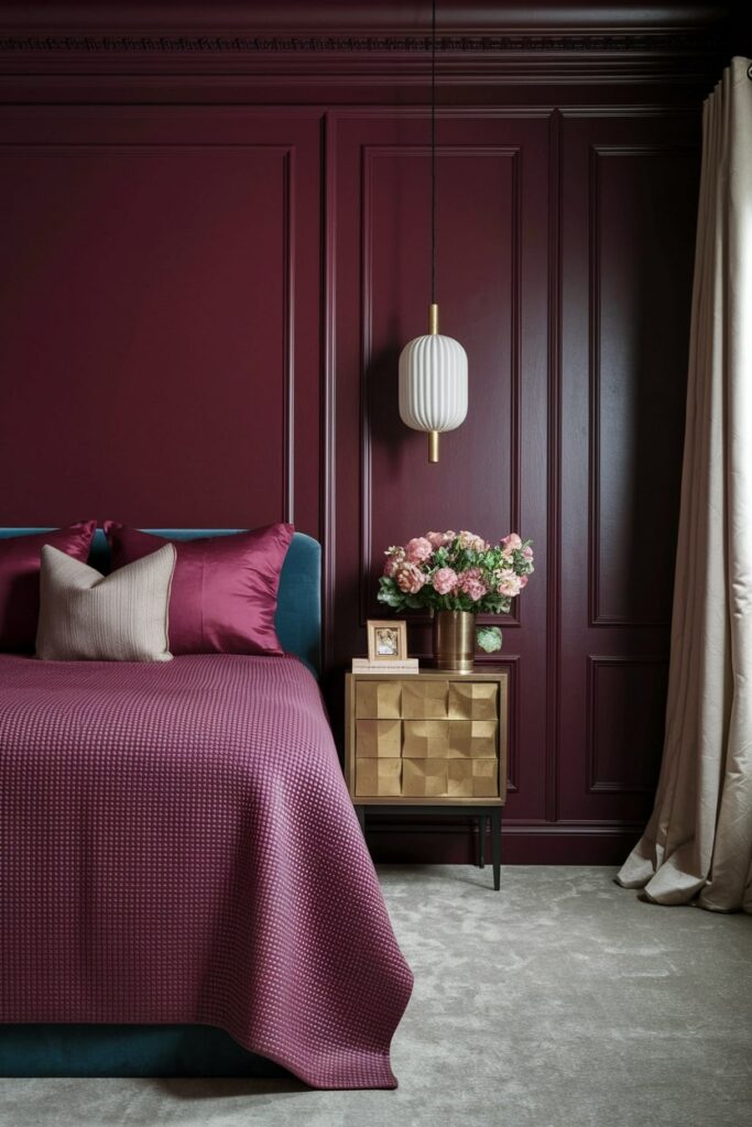 bedroom with rich burgundy walls and silk bedding