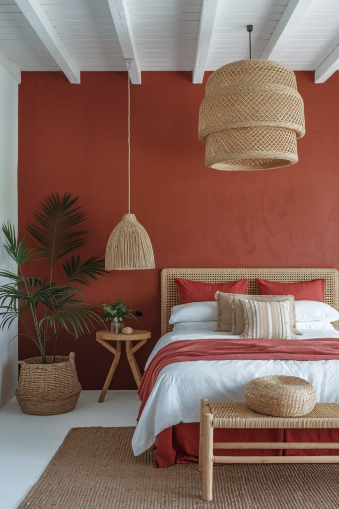 bedroom with warm terracotta red tones, rattan, wicker, and jute elements