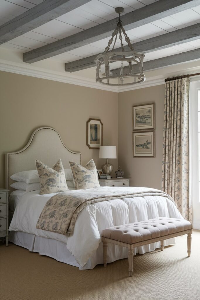 beige bedroom, French country style, exposed ceiling beams