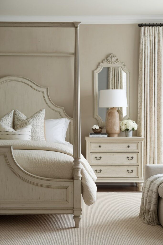 beige bedroom with bed frame and dresser with beige staining