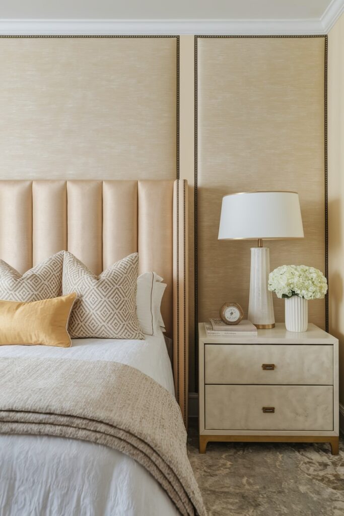 beige bedroom with brass accents, nightstand with two drawers