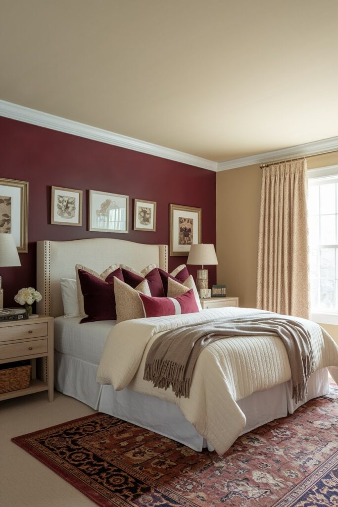 beige bedroom with burgundy accent wall, various textures in shades of beige