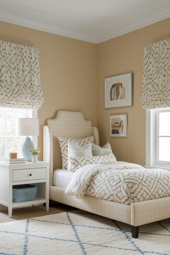 beige children-s bedroom with white nightstand