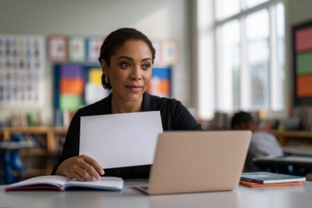black woman teacher sitting in a class with a laptop and a white paper in a hand. She is dressed in a black jacket.