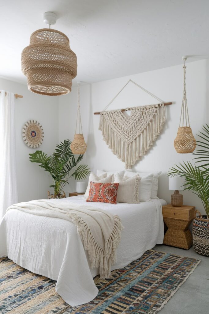 bohemian white bedroom with macrame wall hangings and eclectic accessories