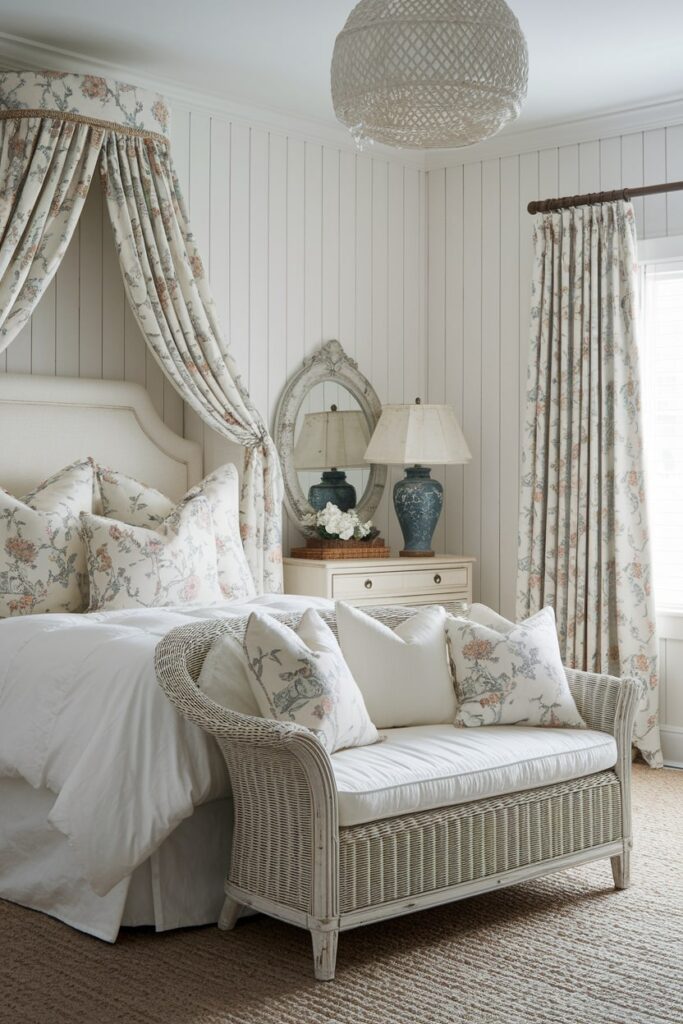 cottage style white bedroom with floral patterns