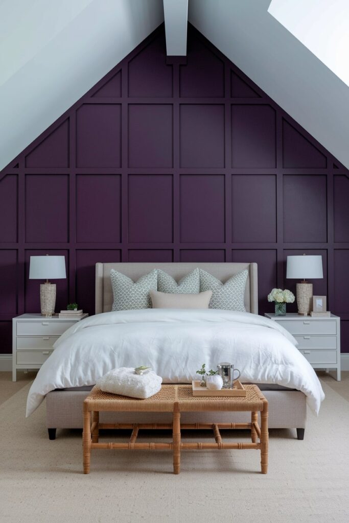 deep plum accent wall, purple bedroom, rattan end of bed bench