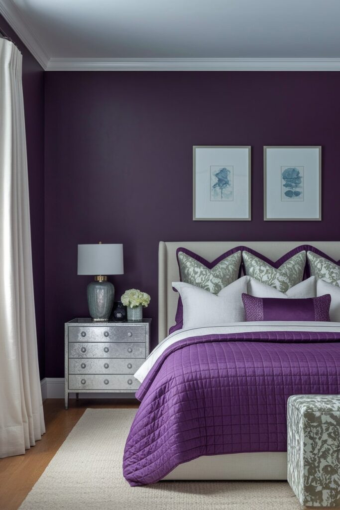 eggplant wall, silver nightstand, purple bedroom