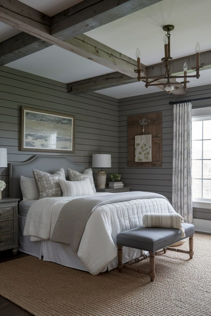 farmhouse gray bedroom with rustic wood elements, gray shiplap walls