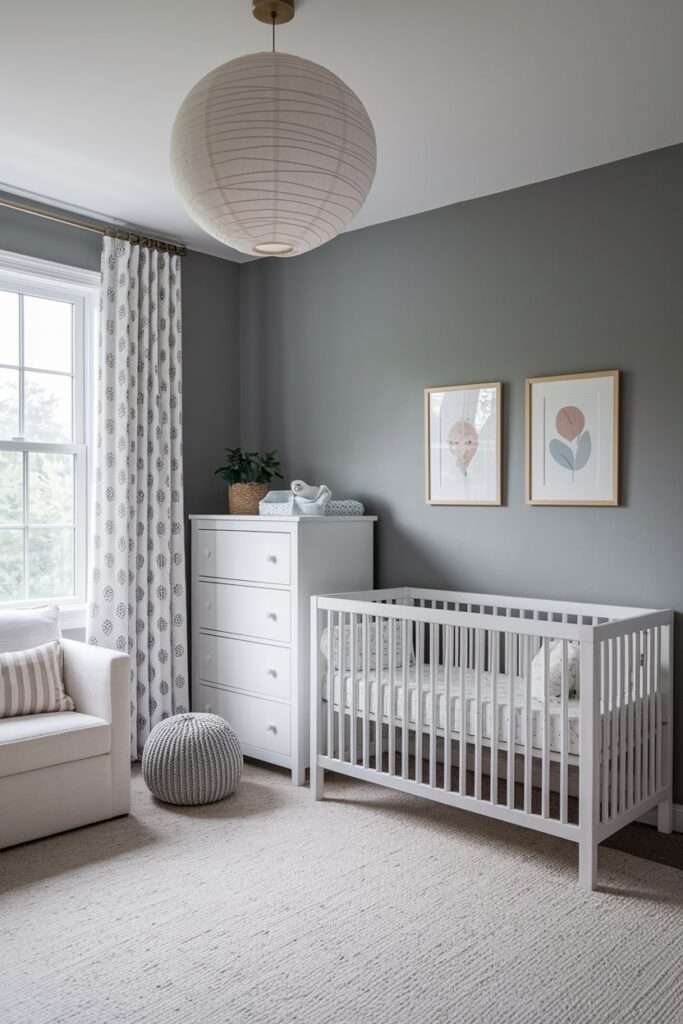 gray nursery with white furniture