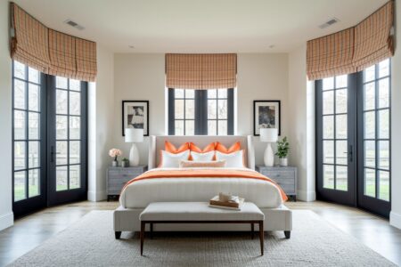 light modern bedroom with accent orange, black windows