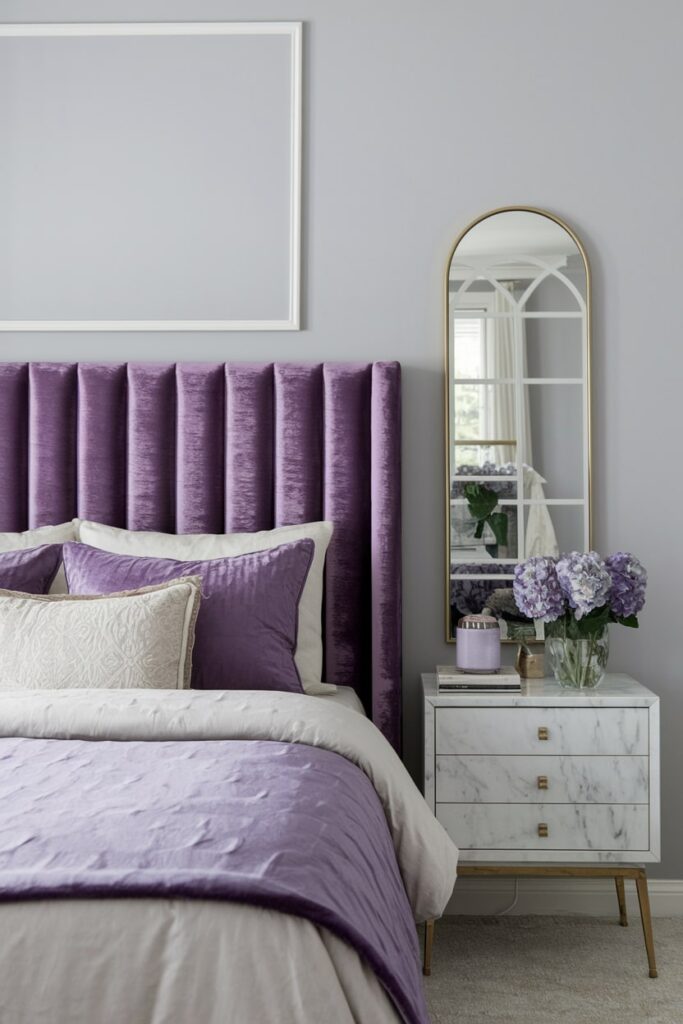 luxurious bedroom with purple velvet headboard, marble nightstand