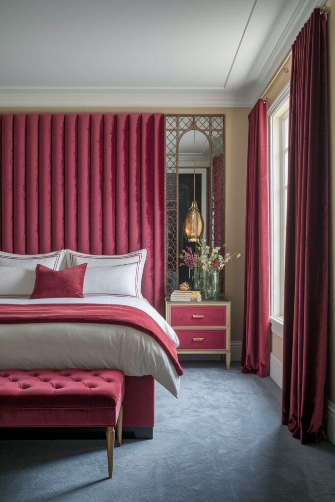luxurious bedroom with tall velvet headboard and red decor