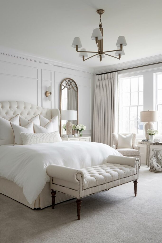 luxurious white master suite with tufted headboard and bench