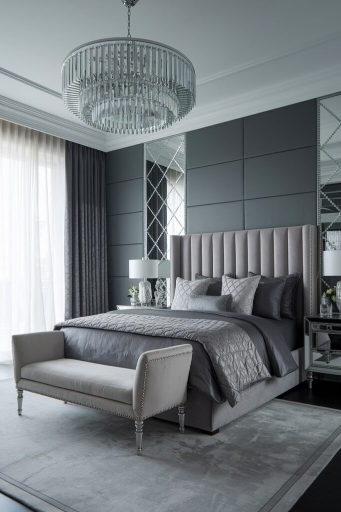 luxury modern gray bedroom with crystal chandelier and mirrored furniture