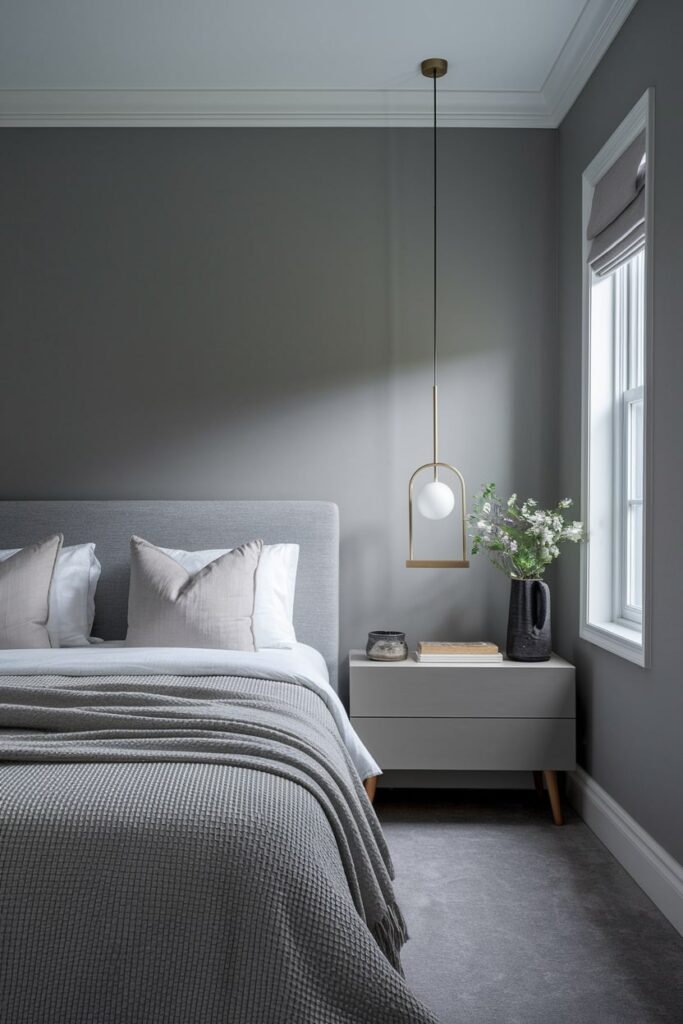 minimalist gray bedroom design with accent black vase