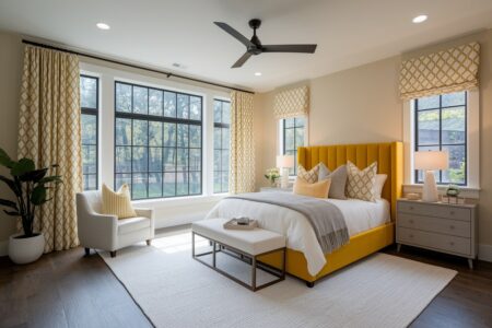 modern bedroom design with yellow bed and yellow decor elements