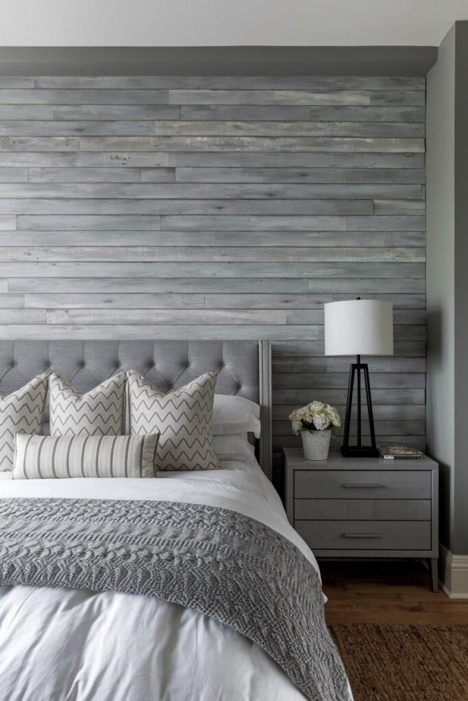modern bedroom with accent wall of wood planks painted in a soft gray