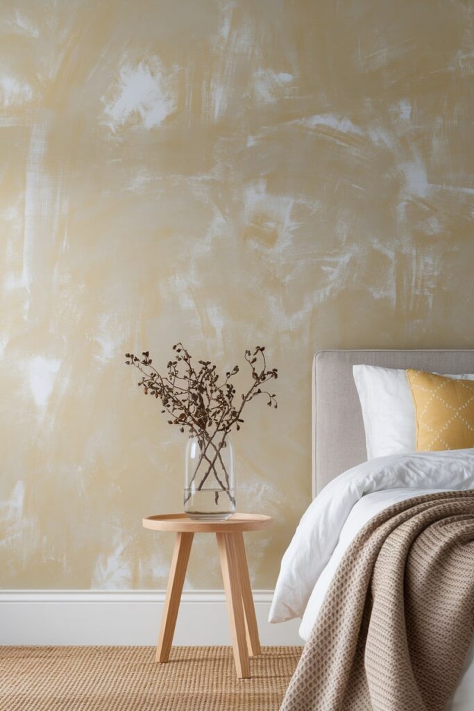 modern bedroom with beige limewash wall
