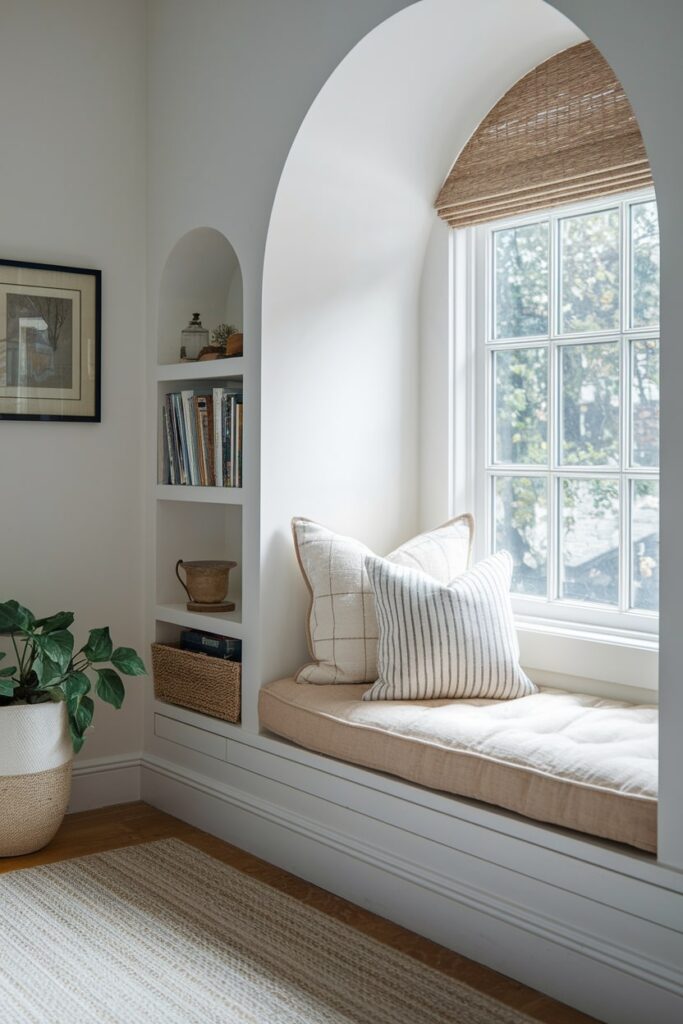 modern bedroom with beige window seat for reading