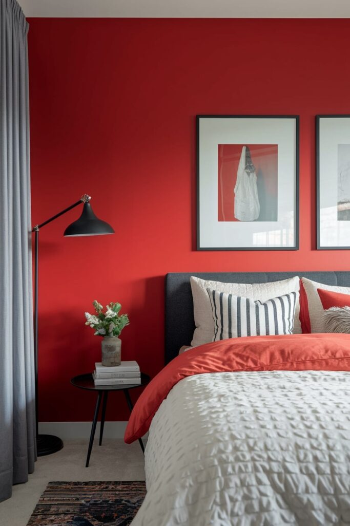 modern bedroom with bright matte red paint, black accents, gray headboard, white bedding