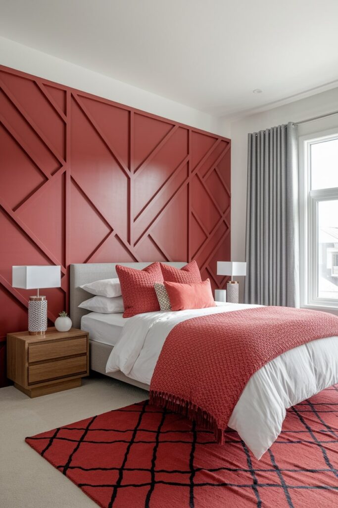 modern bedroom with geometric patterns in red, decorative wall panel, wooden nightstand
