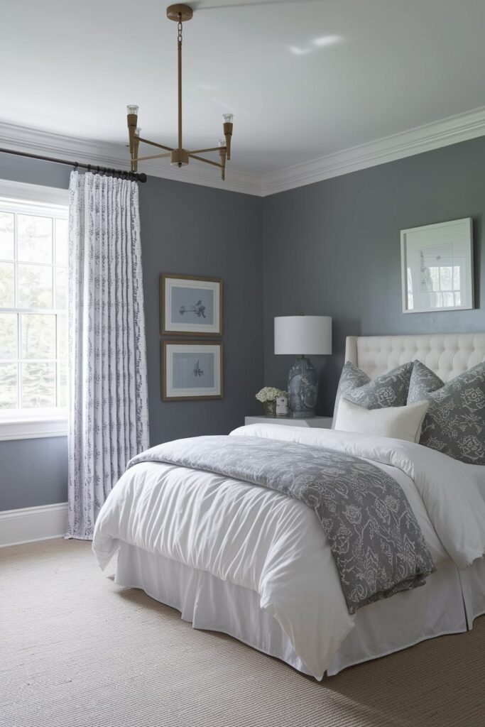 modern bedroom with gray walls and accent pillows, white bedding and curtains