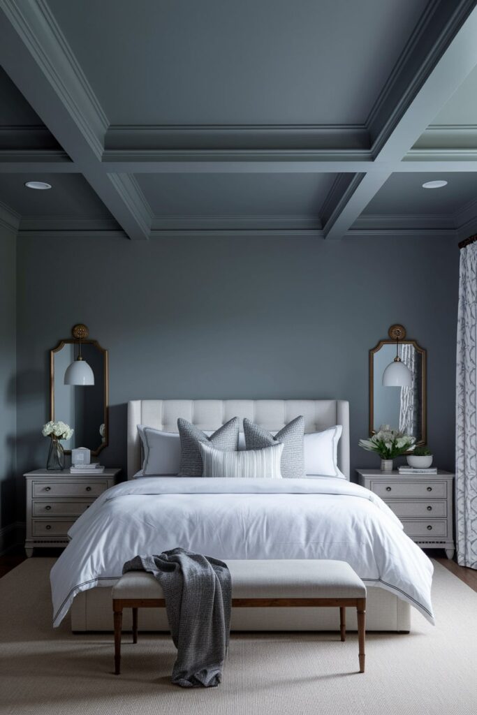 modern bedroom with gray walls and ceiling, white bedding