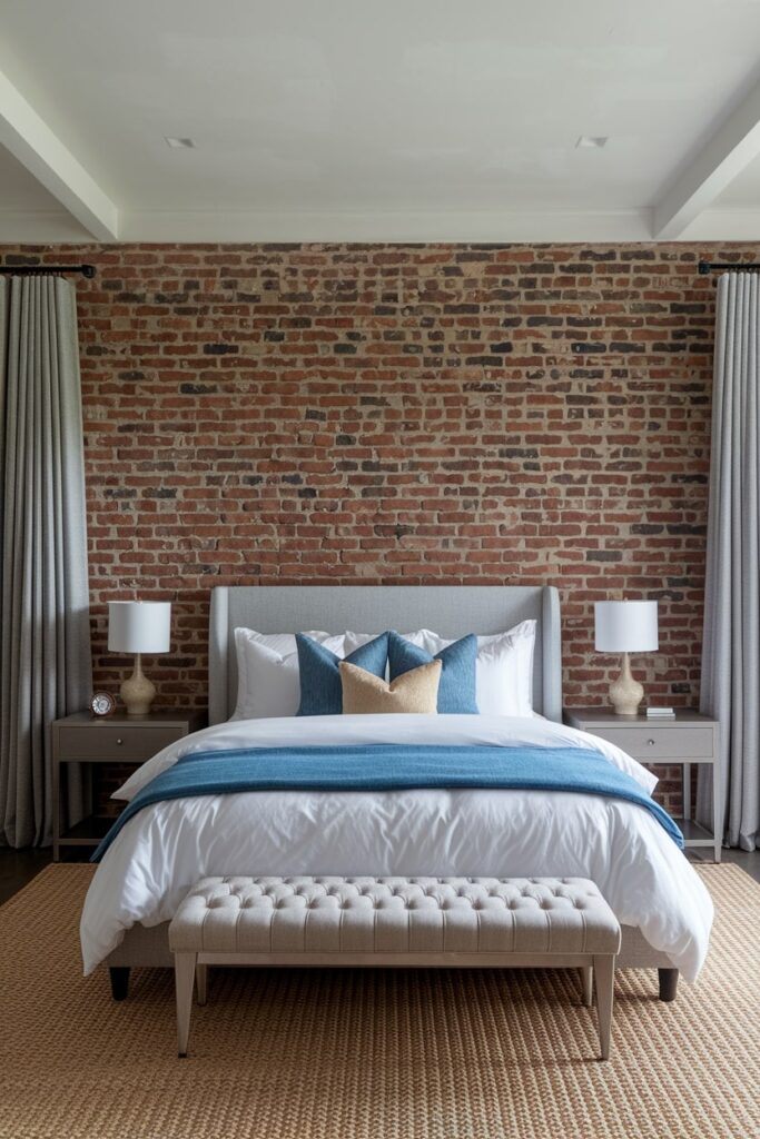 modern bedroom with loft style red brick wall, light gray headboard. Bed has white bedding, blue accent pillows and throw blanket