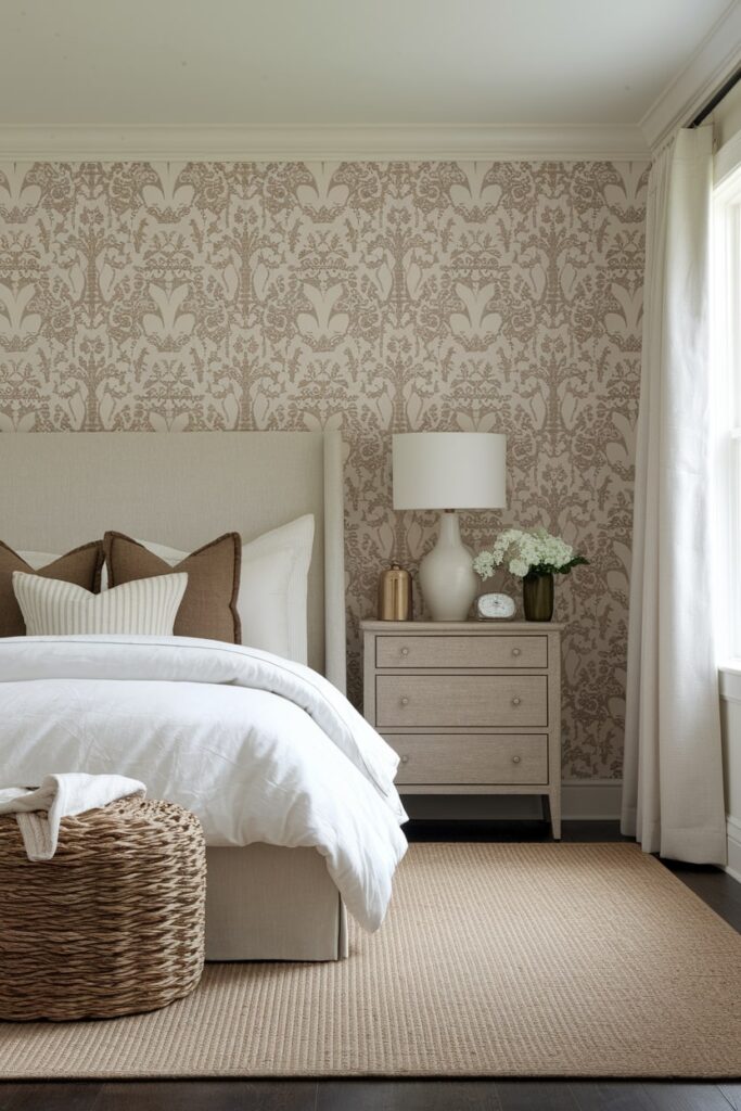 modern bedroom with mushroom beige palette, accent pillows, white bedding