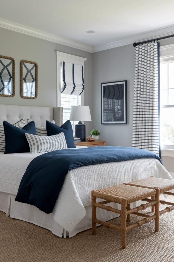 modern bedroom with primary gray and navy combination