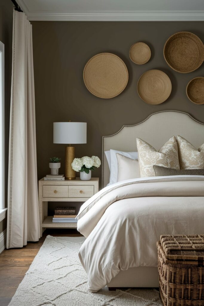 modern bedroom with taupe walls, beige bedding and curtains