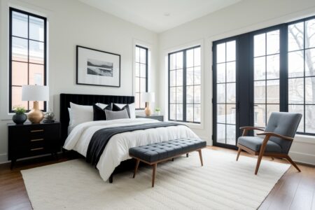 modern bedroom with white walls and black accents