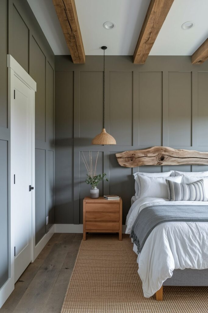modern bedroom with with natural wood elements, exposed beams