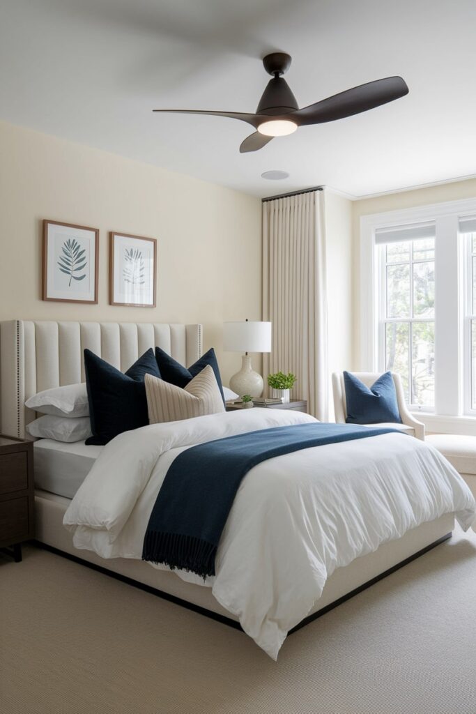 modern beige bedroom has combination with navy and cream colors