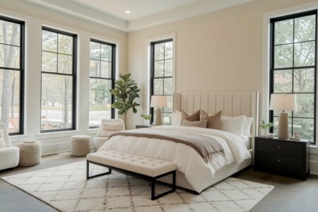 modern beige bedroom with beautiful black windows