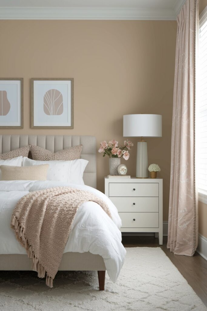modern beige bedroom with beige accessories and white bedding