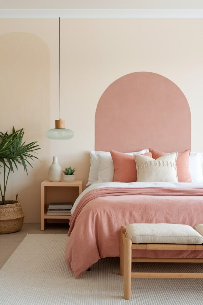 modern beige bedroom with blush pink combo, light oak furniture, glass pendant light