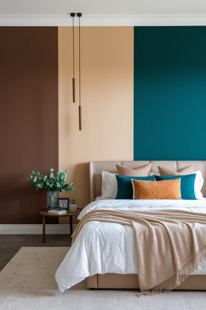 modern beige bedroom with chocolate and teal accents