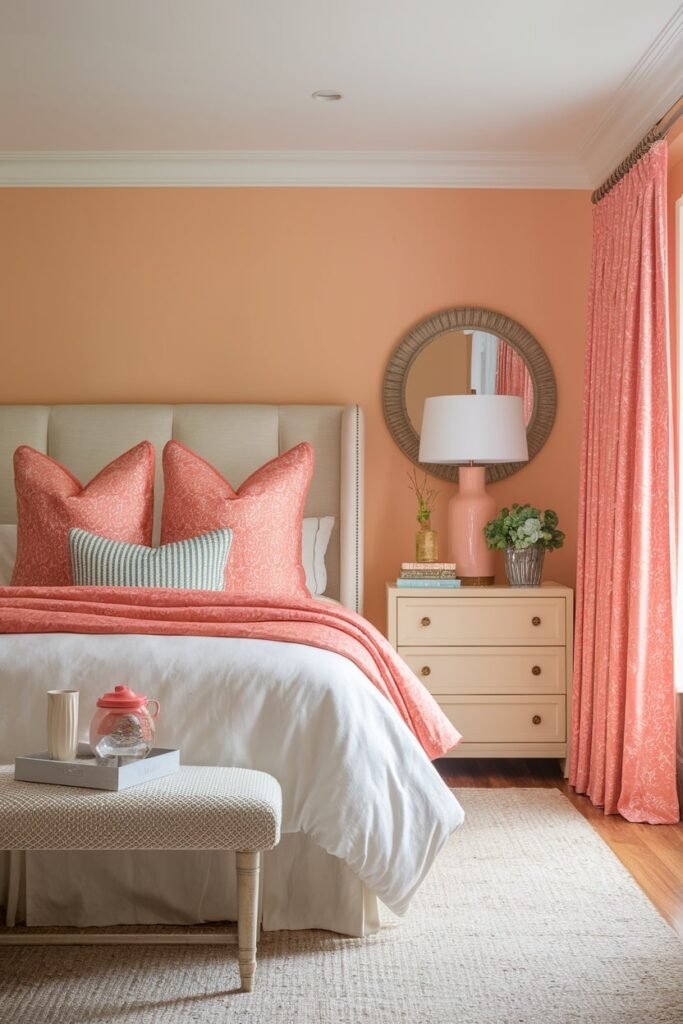 modern beige bedroom with coral accent textile