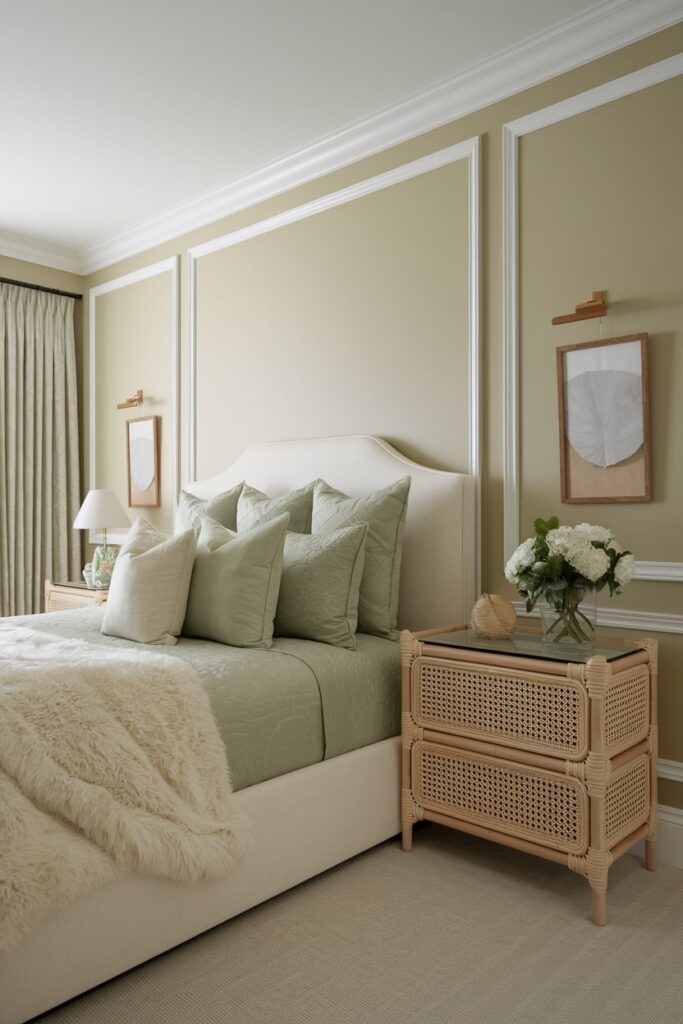 modern beige bedroom with sage green bedding and cream bed, rattan nightstand
