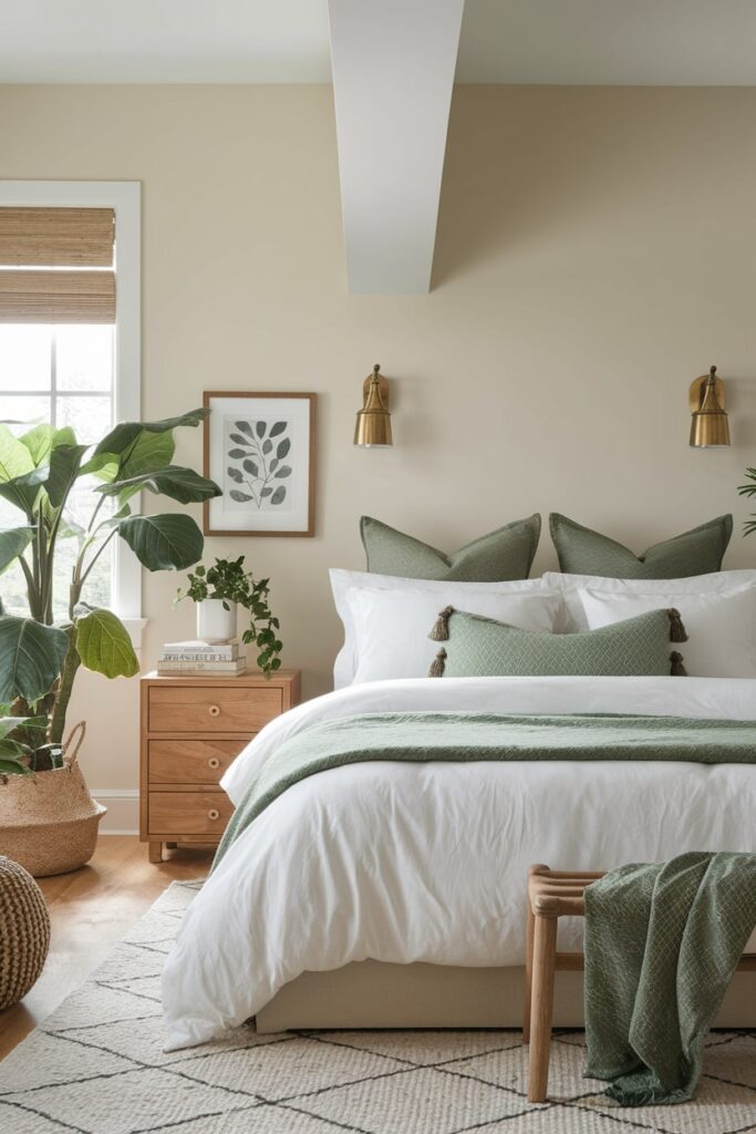 modern beige bedroom with sage green pillows and throw blanket