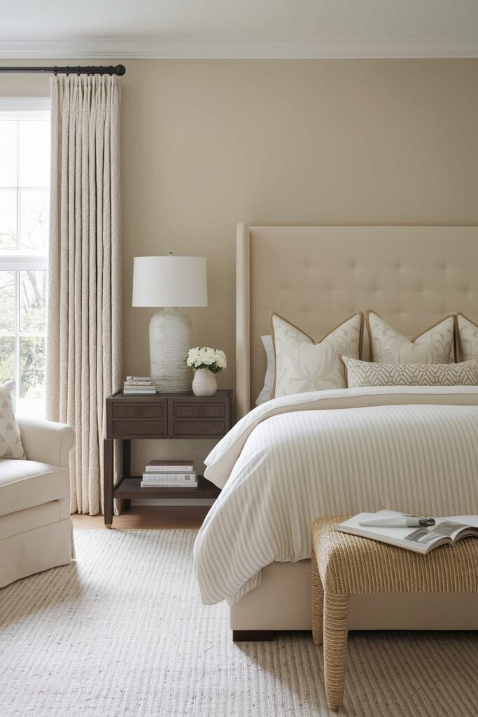 modern beige bedroom with upholstered beige headboard