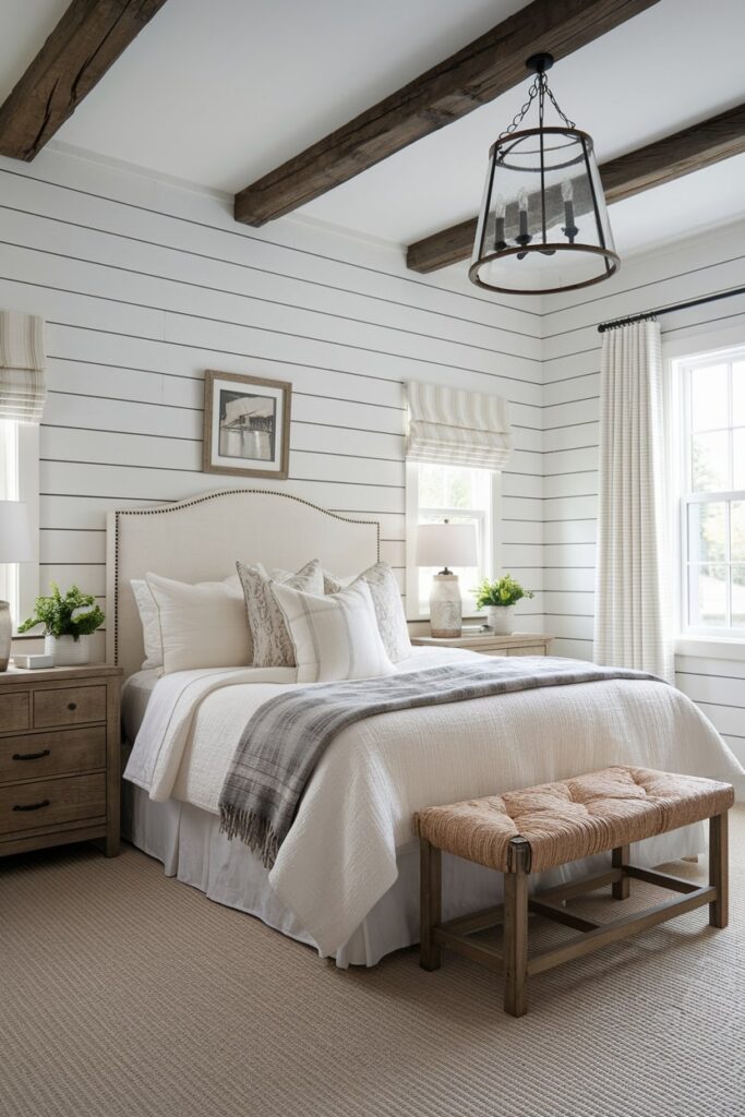 modern farmhouse white bedroom with exposed beams and shiplap walls