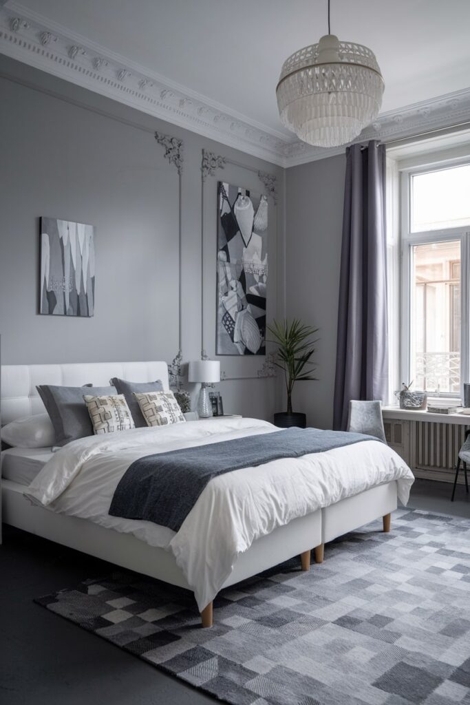 modern global style gray bedroom with geometric rug