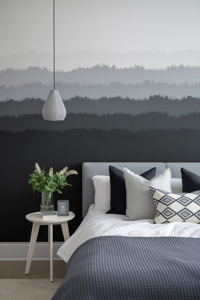 modern gray bedroom with an accent wall with gray ombre effect